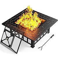 32 inch Fire Pit 3-in-1 Multipurpose Outdoor Fire Pit Table with Spark Screen, 22-inch Fire Poker, Rain Cover for Camping, Backyard, Patio, CIFP01B