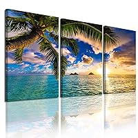 EPHANY see beach sunset wall art Art - 3 Panel Beach Canvas Wall Art for Home Decor Blue Sea Sunset Blue Beach Painting The Picture Print On Canvas Seascape Pictures (B-3pcs,16