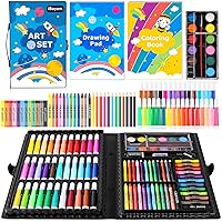 Sunnyglade 185 Pieces Double Sided Trifold Easel Art Set, Drawing Art Box with Oil Pastels, Crayons, Colored Pencils, Markers, Paint Brush, Watercolor