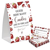 Strawberry Guess How Many Candies Are in the Jar Game for Baby Shower, Pack of One 5x7 Sign and 50 Guessing Cards, Berry Sweet Baby Shower Decoration, Gender Neutral Party Supplies - GC03