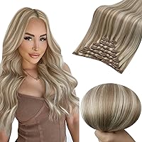 Full Shine Clip in Hair Extensions Human Hair Blonde Real Hair Extensions Clip in Human Hair Brown with Blonde Highlights Clip in Human Hair Extensions For Women 14 Inch 7pcs 120g