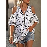 Women's Tops Women's Shirts Sexy Tops for Women Allover Print Cold Shoulder Half Zip Blouse (Color : White, Size : X-Large)