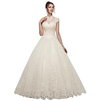 Women's High Neck Beaded Sequins Applique Tulle Wedding Dress