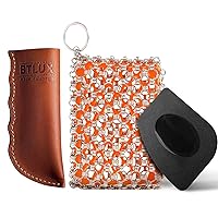 Cast Iron Care Bundle: 316 Stainless Steel 𝐓𝐫𝐢𝐩𝐥𝐞 𝐑𝐢𝐧𝐠 𝐂𝐡𝐚𝐢𝐧𝐦𝐚𝐢𝐥 Scrubber (Orange) & Extra Thick Leather Handle Cover (𝐌𝐚𝐝𝐞 𝐢𝐧 𝐆𝐞𝐨𝐫𝐠𝐢𝐚) – Perfect for Pan