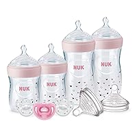 NUK Simply Natural Baby Bottles with SafeTemp Gift Set, Pink - Includes 4 Bottles, 3 Pacifiers, and 2 Replacement Bottle Nipples