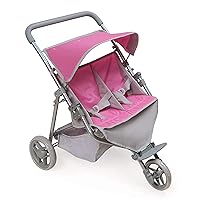 Trek Toy 3-Wheel Folding Twin Jogging Doll Stroller for 16 inch Dolls - Pink/Gray