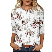 Womens Boho T-Shirts 3/4 Sleeves Crew Neck Floral Tees Blouses Summer Casual Loose Fit Vintage Cute Shirts for Vacation