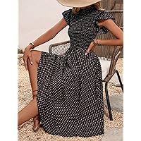 Dresses for Women Women's Dress Allover Print Shirred Detail Butterfly Sleeve Dress Dresses (Color : Black, Size : Large)