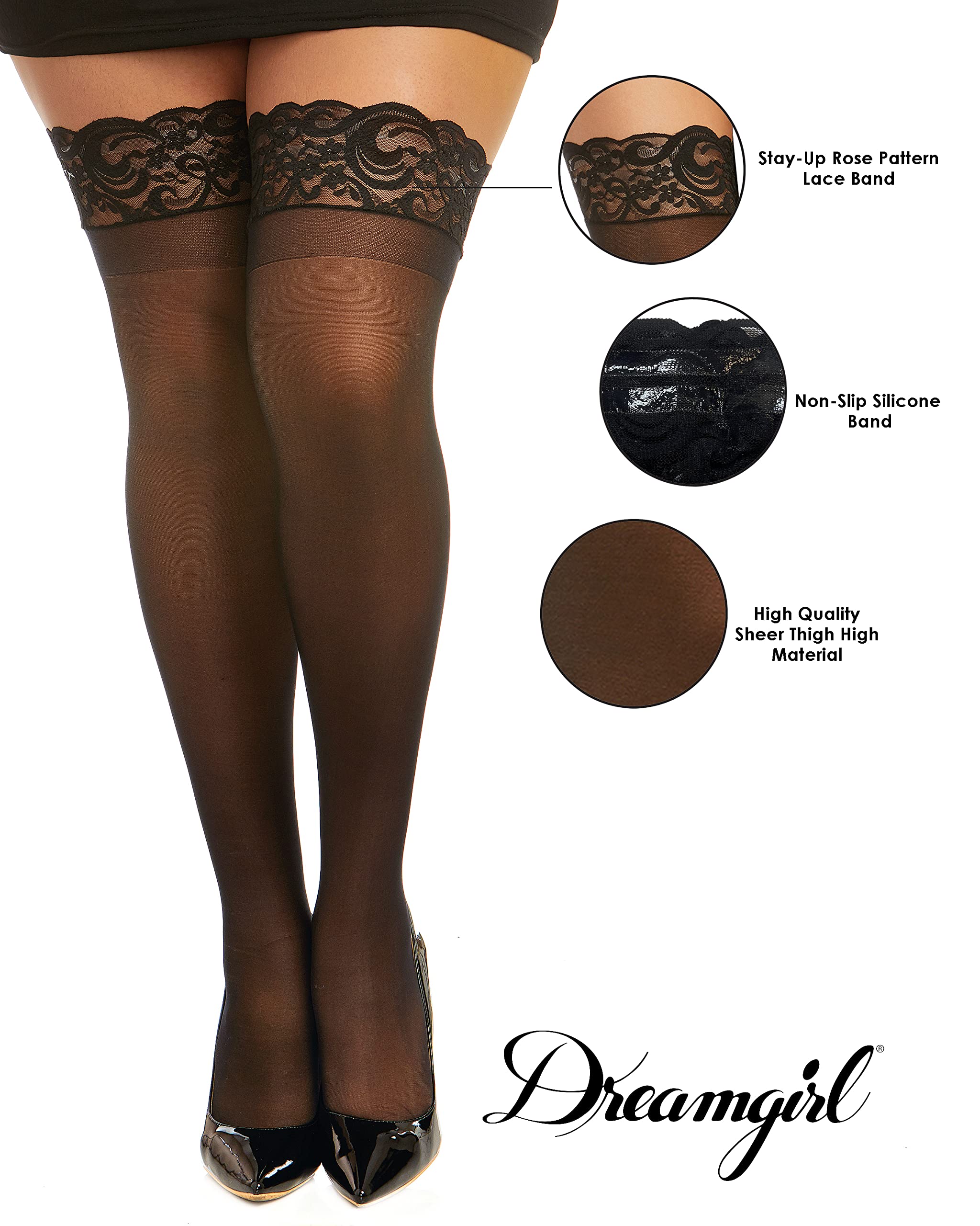 Dreamgirl Women's Plus Size Sheer Thigh High Pantyhose, Hosiery, Nylons, Stockings with Comfort Lace Top Anti-Slip Silicone Elastic Band, Black