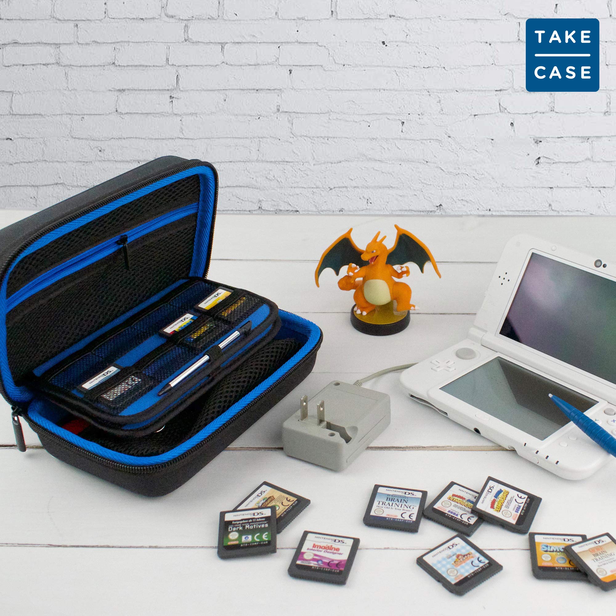 TAKECASE Hard Shell Carrying Case - Compatible with Nintendo 3DS XL and 2DS XL - Fits 16 Game Cards and Wall Charger - Includes Removable Accessories Pouch and Extra Large Stylus Dark Blue