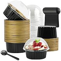 Cupcake Liners With Lids,BAKINGPAK 50PCS 4OZ Mini Cake Pans With Lids Disposable Baking Cups Individual Cake Pans with Lids Mini Aluminum Pans with Lids Cake Cup Children Party Gift Wedding,Black Gold