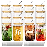[16Pcs Set] Glass Cups With Bamboo Lids And Straws,16Oz Glass Water Bottles Glass Jars Cups Drinking Glasses, Beer Glasses Ice Coffee Glasses For Juicing Coffee Soda Tea