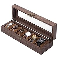 READAEER 6 Slot PU Leather Watch Box Organizer Watch Case with Glass Top