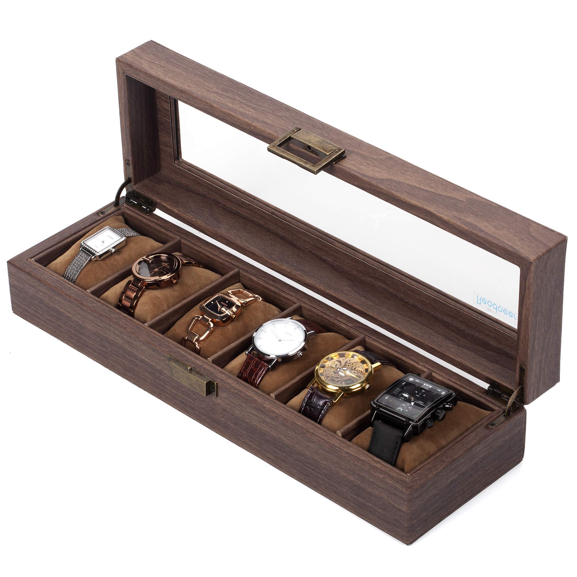 READAEER 6 Slot PU Leather Watch Box Organizer Watch Case with Glass Top