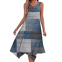 Sundresses for Teens Beach Dress for Women 2024 Summer Fashion Flowy Ruched Casual with Sleeveless Round Neck Swing Dresses Navy Large