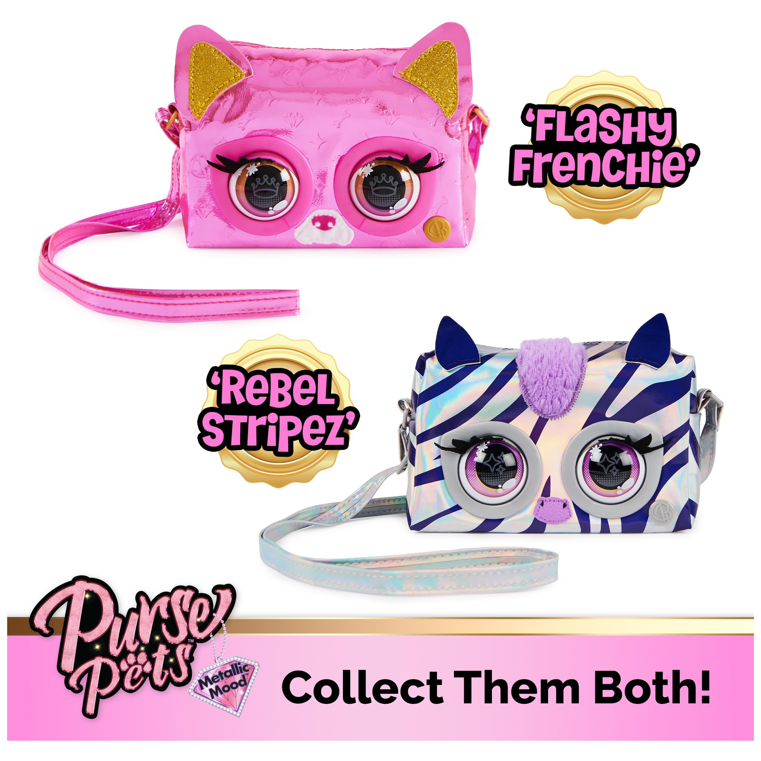 Purse Pets, Metallic Mood Rebel Stripez, Interactive Pet Toy & Crossbody Kids Purse, Over 30 Sounds & Reactions, Shoulder Bag for Girls, Tween Gifts