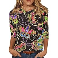Mardi Gras Shirt for Women 3/4 Sleeve Carnival Themed Outfit Party Tops Mask Graphic Tunic Tops Crewneck Parade Blouse Tshirt