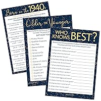 Birthday Party Games - Born in The 1940s Navy Blue & Gold Birthday Game Bundle - 75th or 80th Birthday - Set of 3 Games for 20 Guests