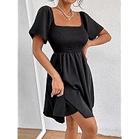 Necklaces for Women Solid Square Neck Shirred -line Dress (Color : Black, Size : XS)