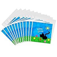 3dRose Cute Black Kitty Cat Colorful Tulips Happy Spring - Greeting Cards, 6 x 6 inches, set of 12 (gc_180749_2)