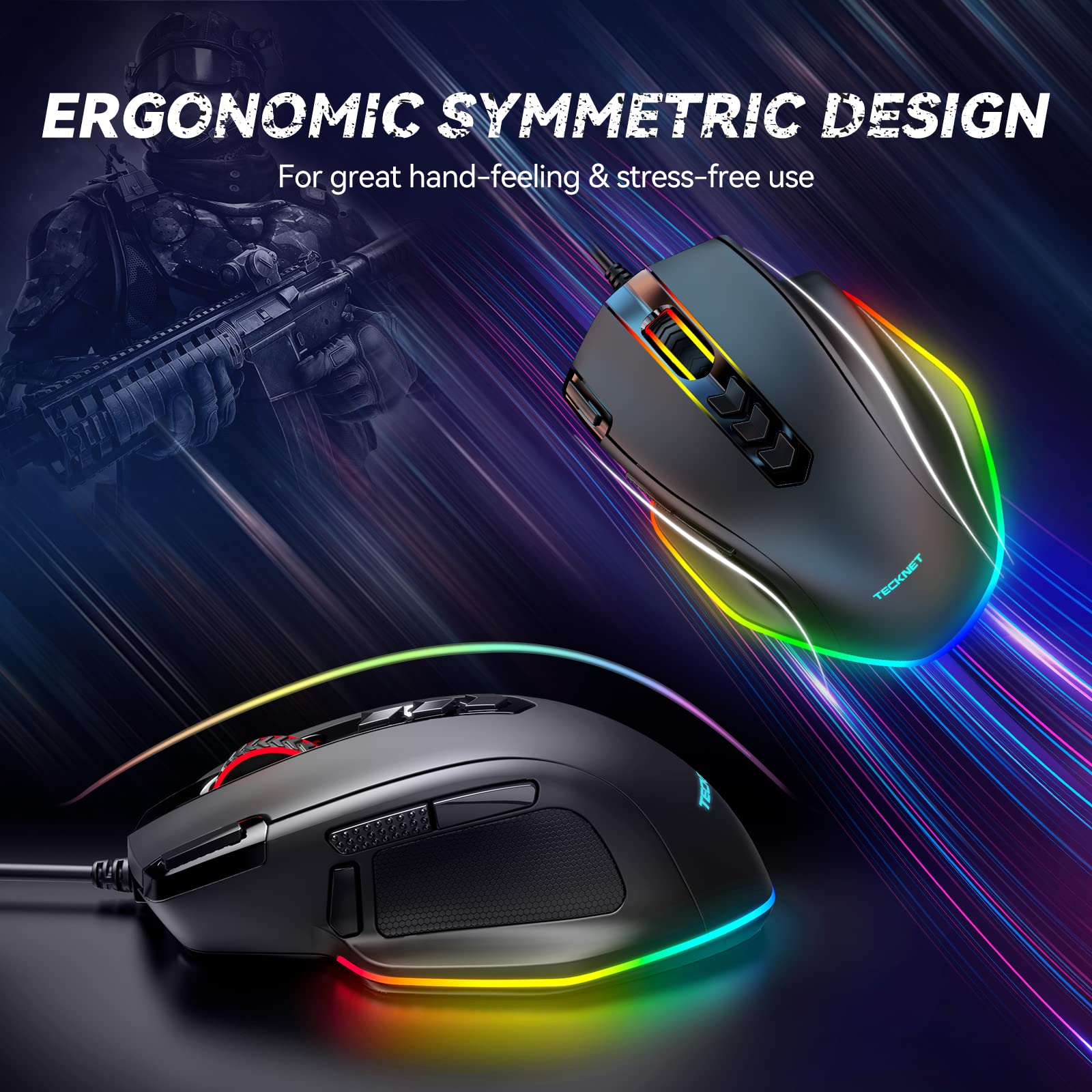 TECKNET Wired Gaming Mouse, Ergonomic Gaming Mouse with 8000DPI, RGB Computer Mice with 11 Programmable Buttons, PC Gaming Mice for Notebook Laptop Mac Book, Fire Button(Ratón de juego)