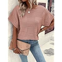 Women's Shirts Women's Tops Shirts for Women Batwing Sleeve Pointelle Knit Top (Color : Dusty Pink, Size : Small)