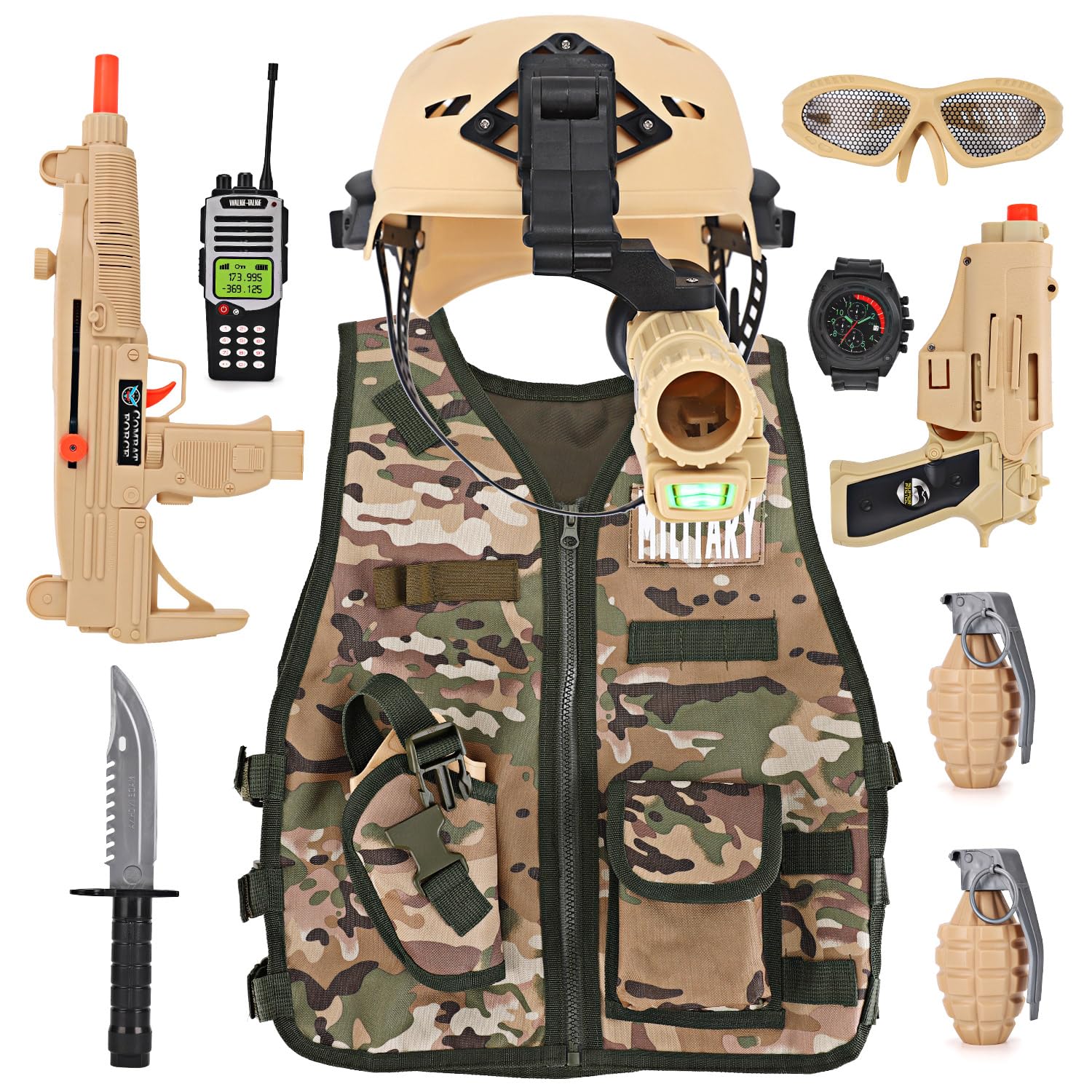 Liberty Imports Kids Army Soldier Military Combat Marines Desert Camo Halloween Costume, Deluxe Dress Up Cosplay Role Play Set with Helmet, Monocular, Toy Guns, Accessories (11 Pcs)
