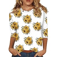 3/4 Length Sleeve Crew Neck Shirts Cotton Blouses Dressy Casual Floral Womens Tops Tees Tunic Petite T Shirts