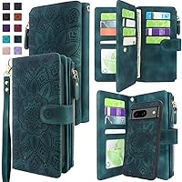 Harryshell Compatible with Google Pixel 8 Case Wallet Detachable Magnetic Cover Leather Case Cover with Cash Coin Zipper Pocket 12 Card Slots Holder Wrist Strap Lanyard (Flower Teal)