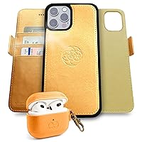 Dreem Bundle: Fibonacci Wallet-Case for iPhone 13 Pro Max with Om for Apple AirPods 3 Case [Gold]