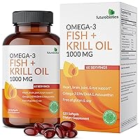 Omega-3 Fish + Krill Oil 1000 MG Omega-3 EPA/DHA & Astaxanthin - Non-GMO, 120 Softgels (60 Servings)