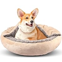 GASUR Small Dog Bed & Cat Bed with Hooded Blanket, Donut Round Calming Dog Beds for Small Dogs, Anti-Anxiety Burrow Cave Bed, Cozy Puppy Bed and Cat Beds for Indoor Cats, Machine Washable Pet Bed 26