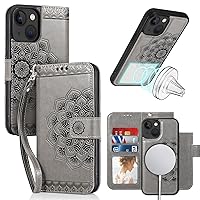 CASEOWL Case for iPhone 15 Case Wallet [Support Magsafe] 2-in-1 Magnetic Detachable [RFID Blocking] Mandala Embossed Flip Leather Wallet Case with Card Holder, Strap for Women (Gray)