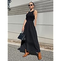 Women's Dress Slant Pocket Sleeveless -line Dress Dress (Color : Black, Size : Small)