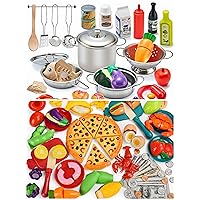 Pretend Play Food Kitchen Accessories Fake Food for Kids,Stainless Steel Cookware, Kitchen Toys Pots and Pans, Toddler Kitchen Set with Cuttable Toy Food, Boys Girls Gift