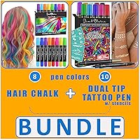 Jim&Gloria -Dustless Hair Chalk (8 colors) Plus Temporary Fake Tattoo Dual Tip with Gold and Silver (10 colors)