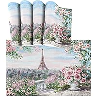 Modern Watercolor Flower Rose French Paris Eiffel Tower Heat-Resistant Table Placemats Anti-Skid Table Mats Washable Eat Mat for Home Kitchen Dining Table
