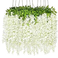 12 Pack Artificial Hanging Flowers Wisteria Garland Lush Long Silk Flower Vines for Outdoor Indoor Wedding Arch Backdrop Party Room Wall Decor (White)
