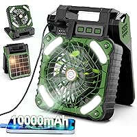 10000mAh Solar Powered Camping Fan with LED Lantern, 4 Speeds Powerful Wind Rechargeable Battery Operated Portable Fan, Cordless Desk Cooling Fan with 3 Timer & PowerBank for Travel Tent Worksite