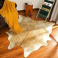 Faux Cowhide Rug for Living Room, 4.6 x 5.2 Feet Khaki, Cow Print Skins Rug for Bedroom, Durable Premium Faux Fur Animal Cow Hide Rugs Carpet for Western Decor