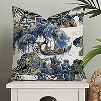 ArogGeld Chinoiserie Asian Scenic Pillow Covers Asian Style Throw Pillow Cover Blue and Kelly Green Farmhouse Pillow Case Cushion Cover Home Decor for Sofa Couch Bed Office Car 26x26in