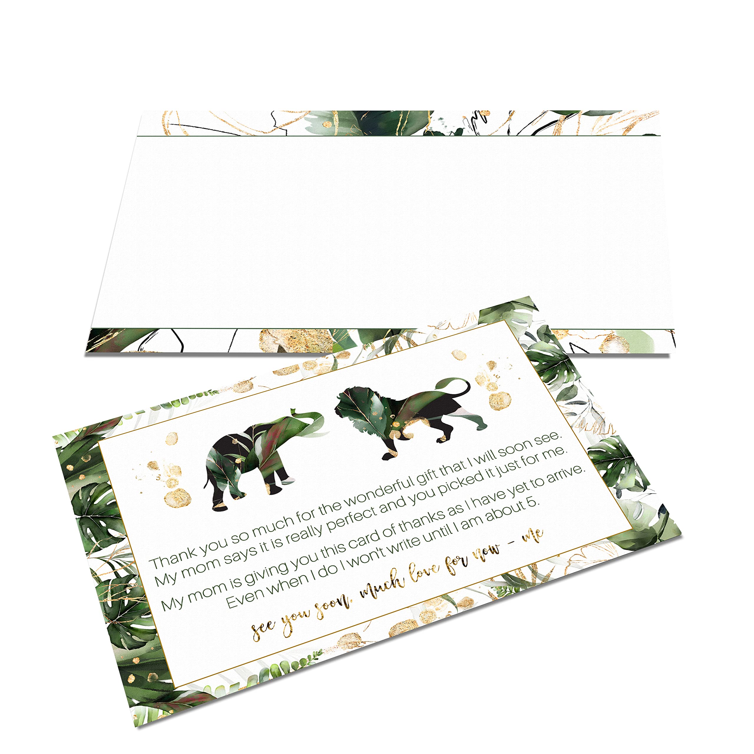 Paper Clever Party Green and Gold Baby Shower Thank You Cards with Envelopes (25 Pack) Individual Prewritten Message from Babies for Registry Gifts Boys or Girls Royal Jungle 4x6 Blank Set