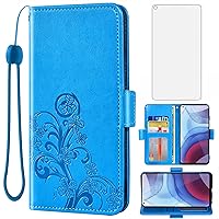 Asuwish Compatible with Moto G Power 2021 Wallet Case and Tempered Glass Screen Protector Flip Wrist Strap Credit Card Holder Cell Phone Cover for Motorola GPower 21 5G Version XT2117-4 Women Men Blue