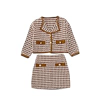 WDIRARA Toddler Girl's 2 Piece Houndstooth Button Front Long Sleeve Round Neck Jacket and Skirt Outfits Set