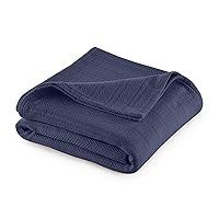 Vellux 100% Cotton Blanket - 360 GSM Soft, Breathable, Cozy & Lightweight Thermal Blanket - All Season Queen Size Blanket Perfect for Layering Bed, Couch & Sofa - Hotel Quality (90x90 Inch, Blue)