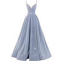 Women's Glittery Spaghetti V-Neck Prom Dresses Long Side Split Formal Evening Gowns