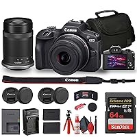 Canon EOS R100 Mirrorless Camera with 18-45mm and 55-210mm Lenses Kit (6052C022) + Bag + 64GB Card + LPE17 Battery + Charger + Card Reader + Flex Tripod + Cleaning Kit + Memory Wallet (Renewed)