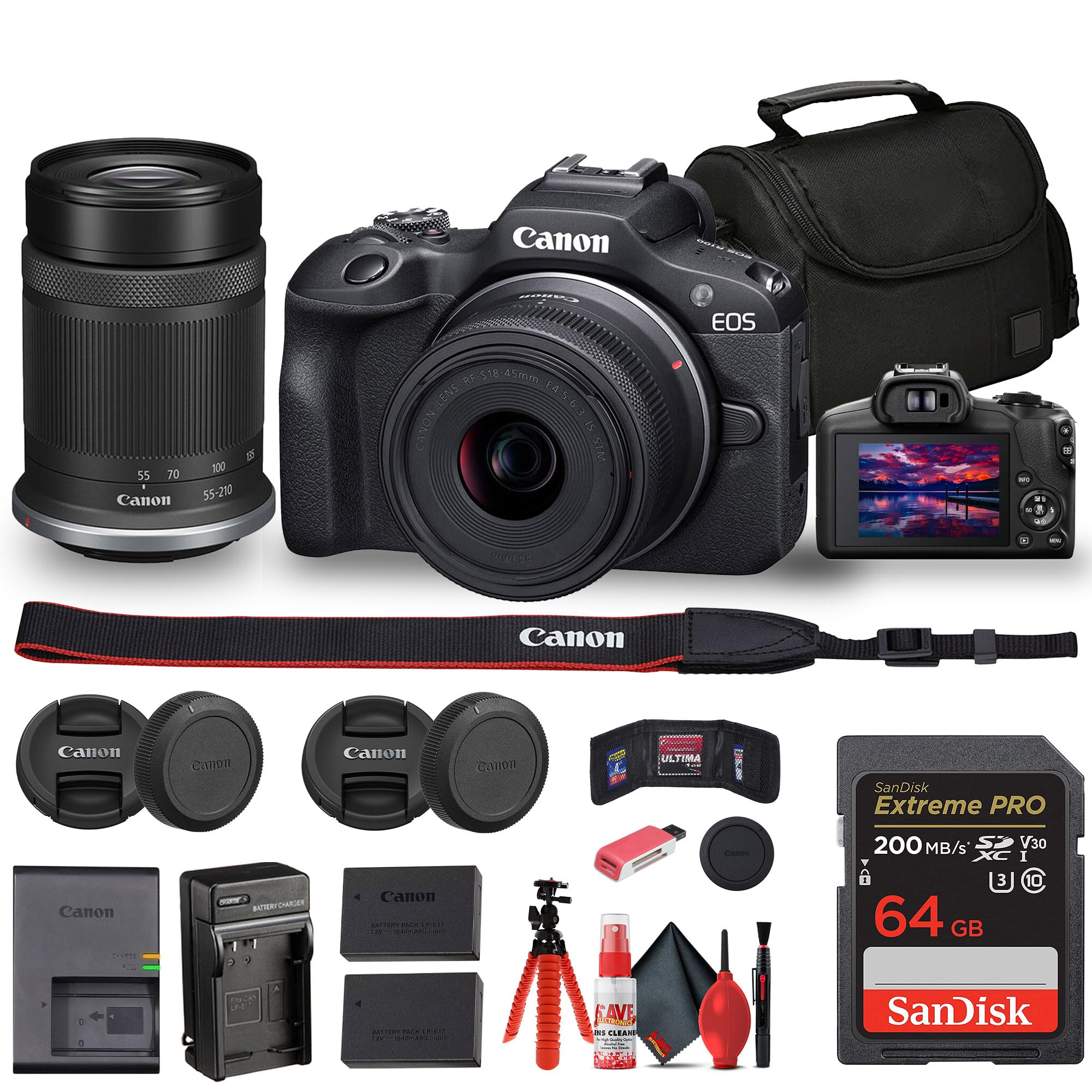 Canon EOS R100 Mirrorless Camera with 18-45mm and 55-210mm Lenses Kit (6052C022) + Bag + 64GB Card + LPE17 Battery + Charger + Card Reader + Flex Tripod + Cleaning Kit + Memory Wallet (Renewed)