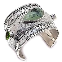 Moss Prehnite, Peridot .925 Silver Jewelry Cuff Bracelet Adjustable AP-866