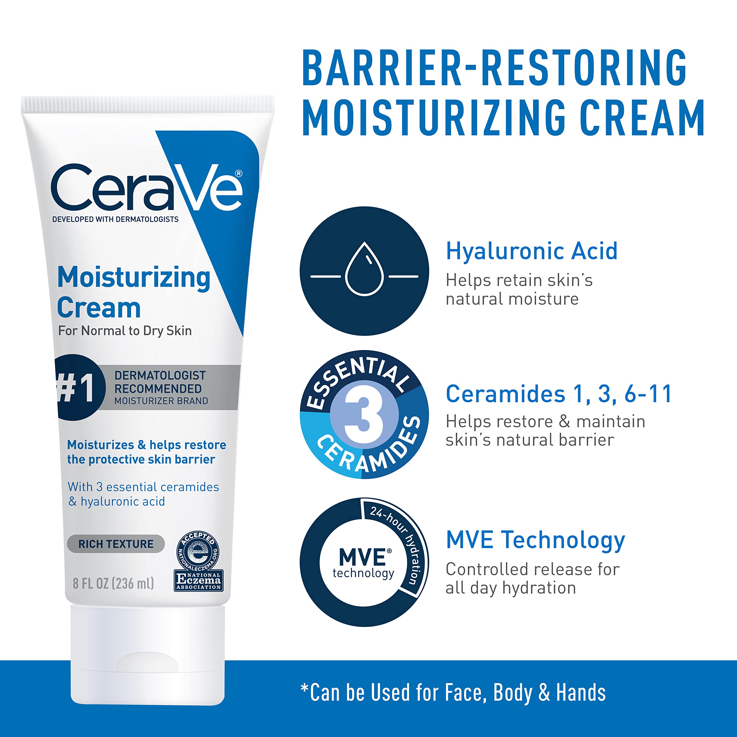 CeraVe Moisturizing Cream and Hydrating Skin Care Set for Dry Skin | Face & Body Cream and Non-Foaming Face Wash | Hyaluronic Acid and Ceramides | 8oz Cream + 8oz Cleanser